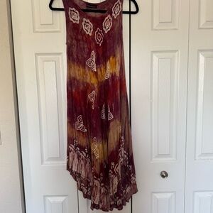 Bohemian Tie-Dye Maxi Dress in Burgundy with Mustard Accents